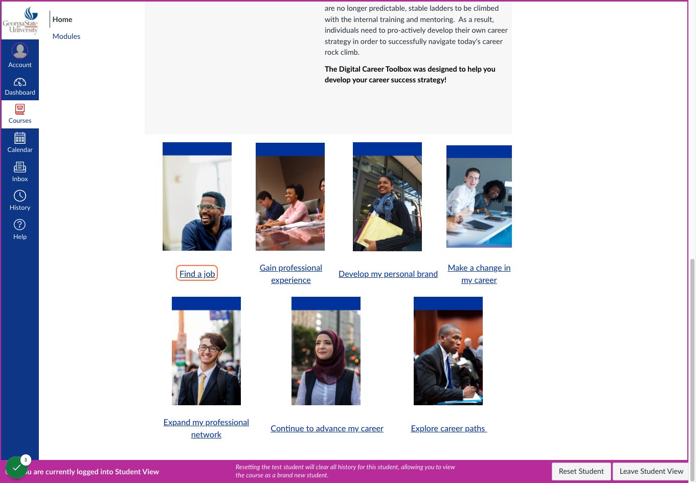 Modules organized by learner pathways and learner goals