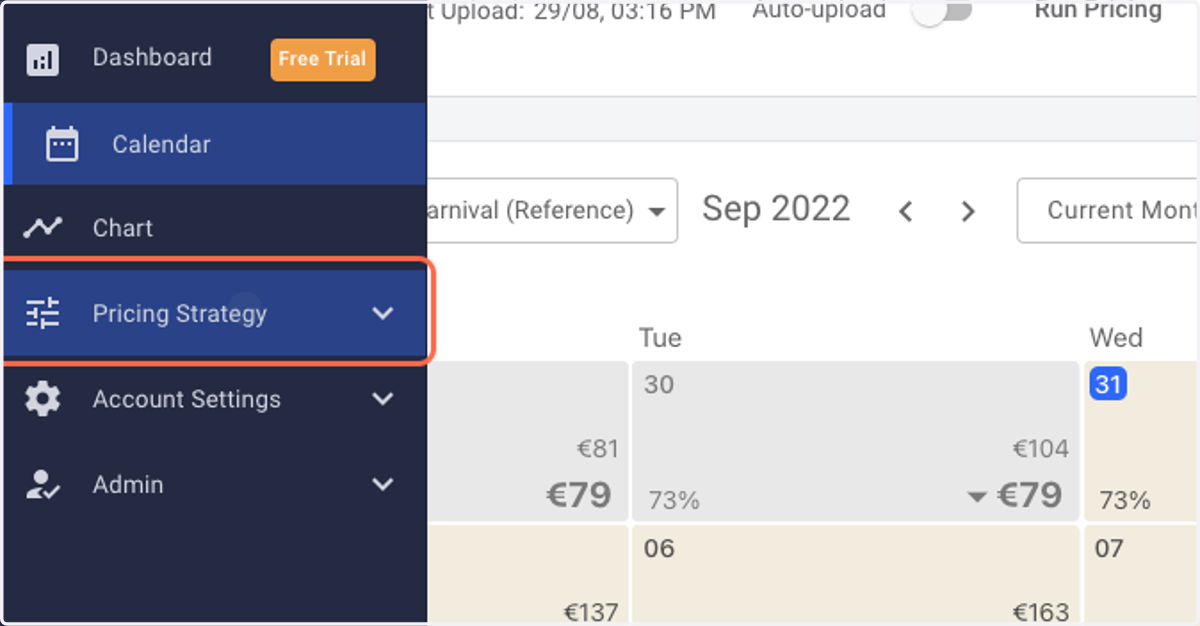Log in to RoomPriceGenie and click on Pricing Strategy.