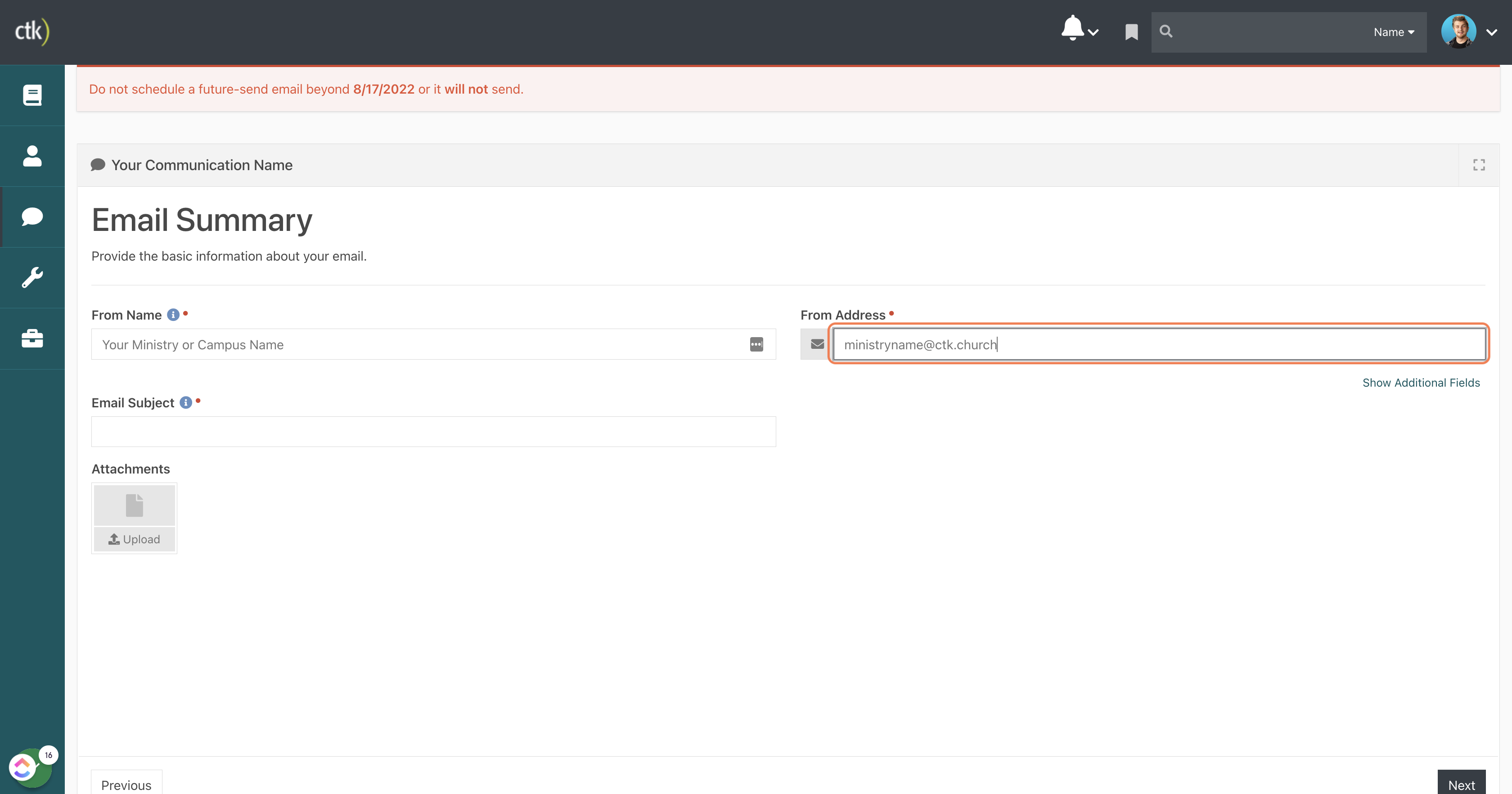 Enter a ministry e-mail in the "From Address" field.