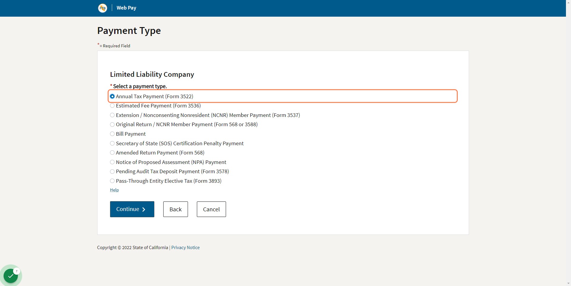 Choose "Annual Tax Payment (Form 3522)"