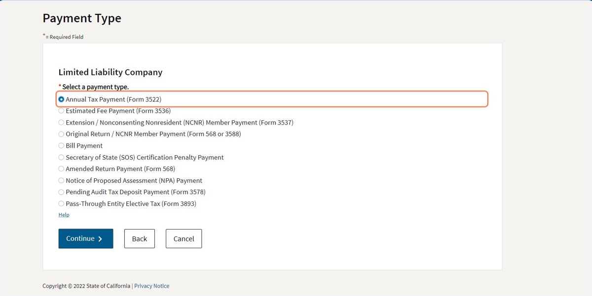 Choose "Annual Tax Payment (Form 3522)"