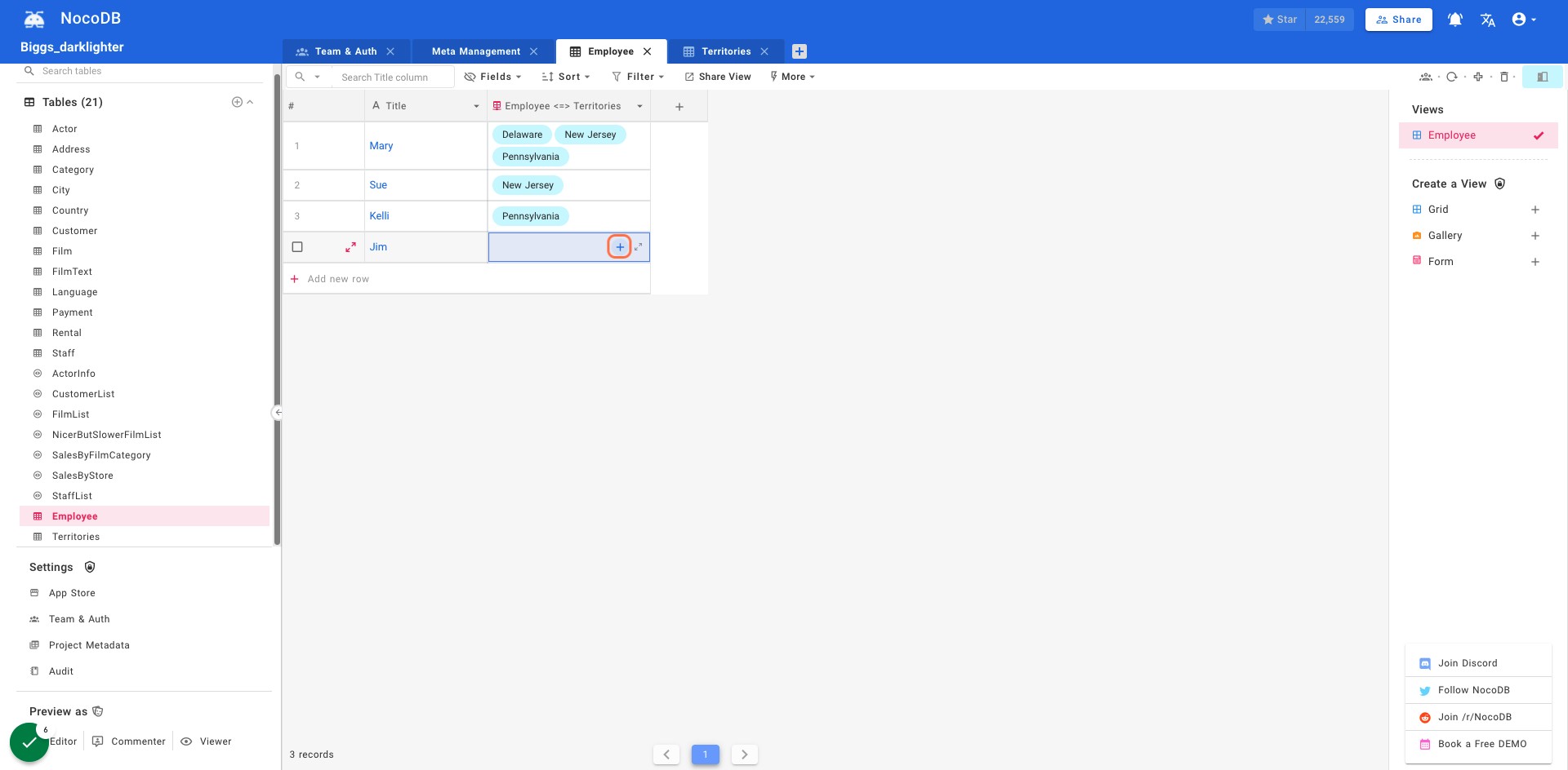 Click on + icon in m2m cell