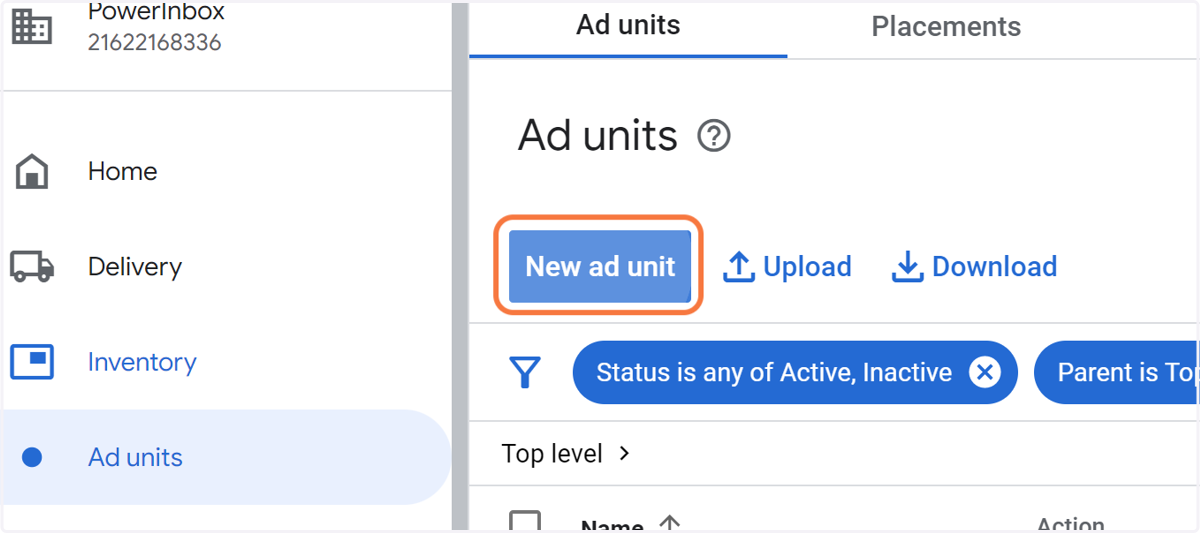 Click on the New ad unit button