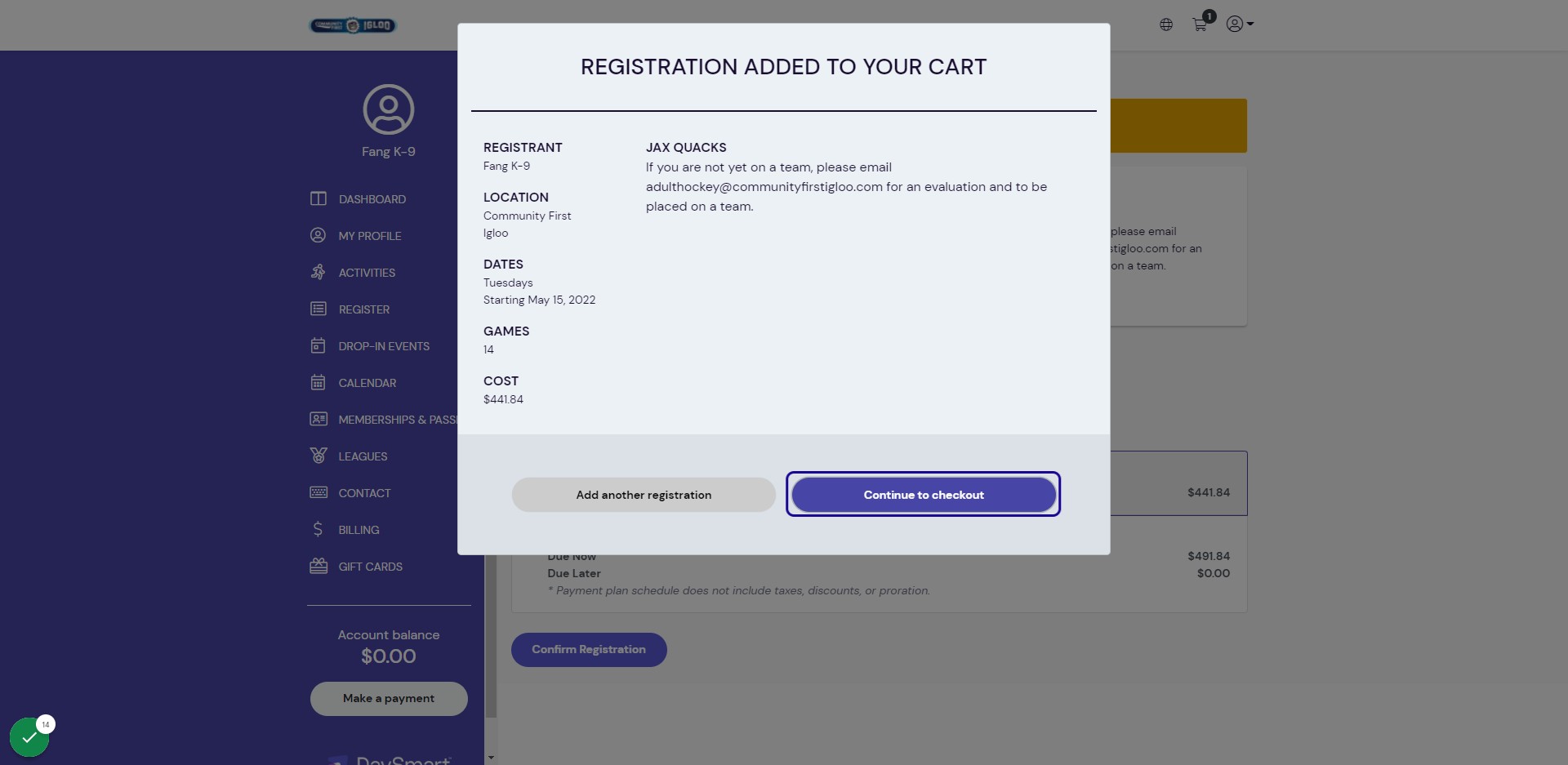If you are not registering for any other teams, click Continue to Checkout.