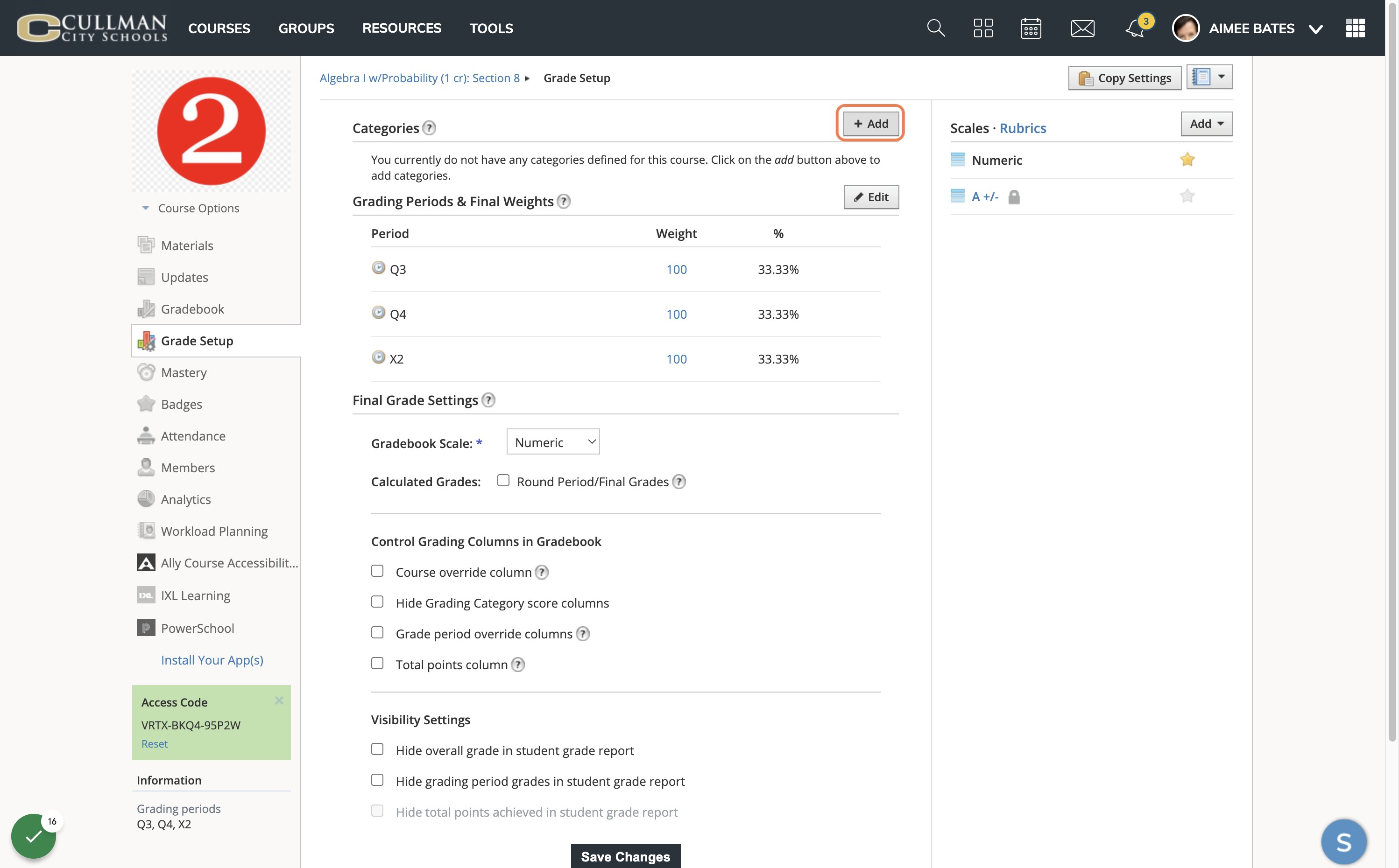 To create categories that match those in PowerSchool, click on Add