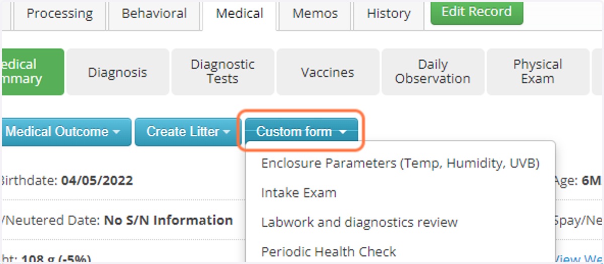 Click on Custom form to open drop down menu