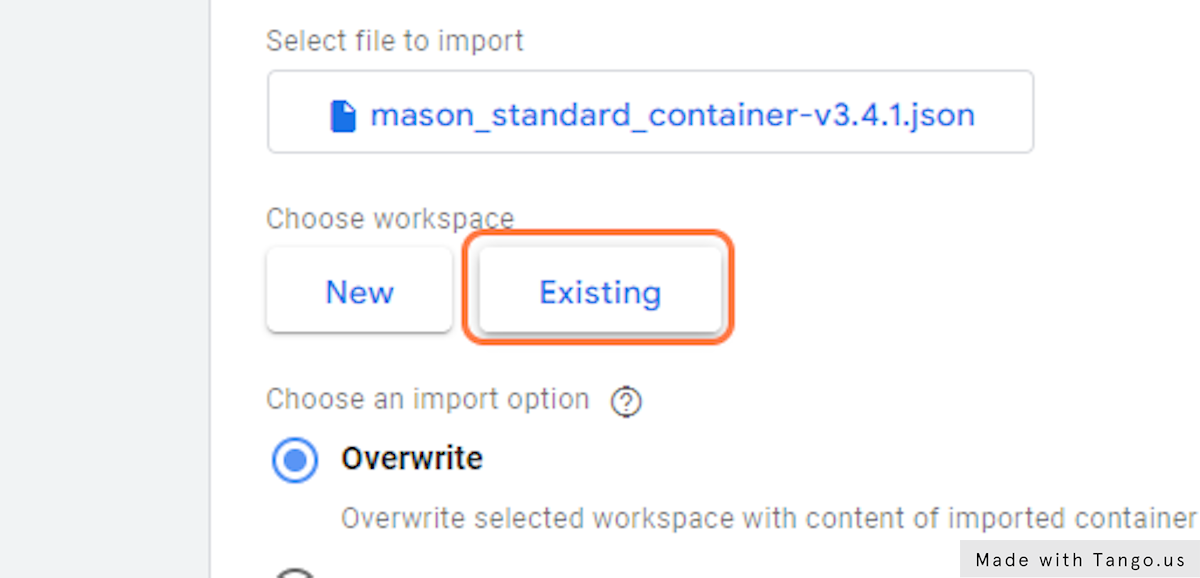 Click on Existing under Workspace