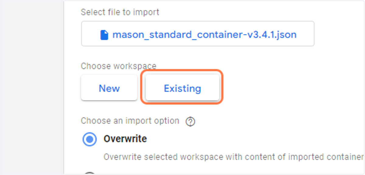 Click on Existing under Workspace