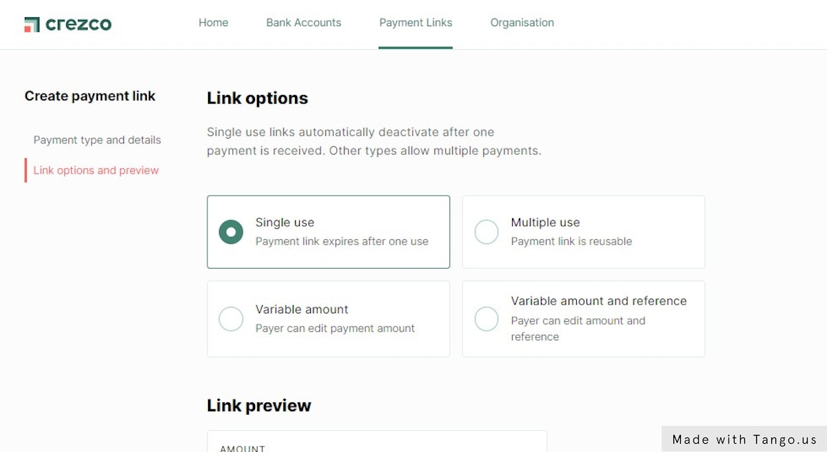 Select payment option. Most users set as Single use due to the reference.