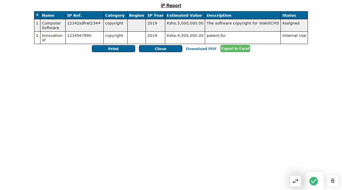As shown in the example, below is an IP report containing all the all the details and the IP Status