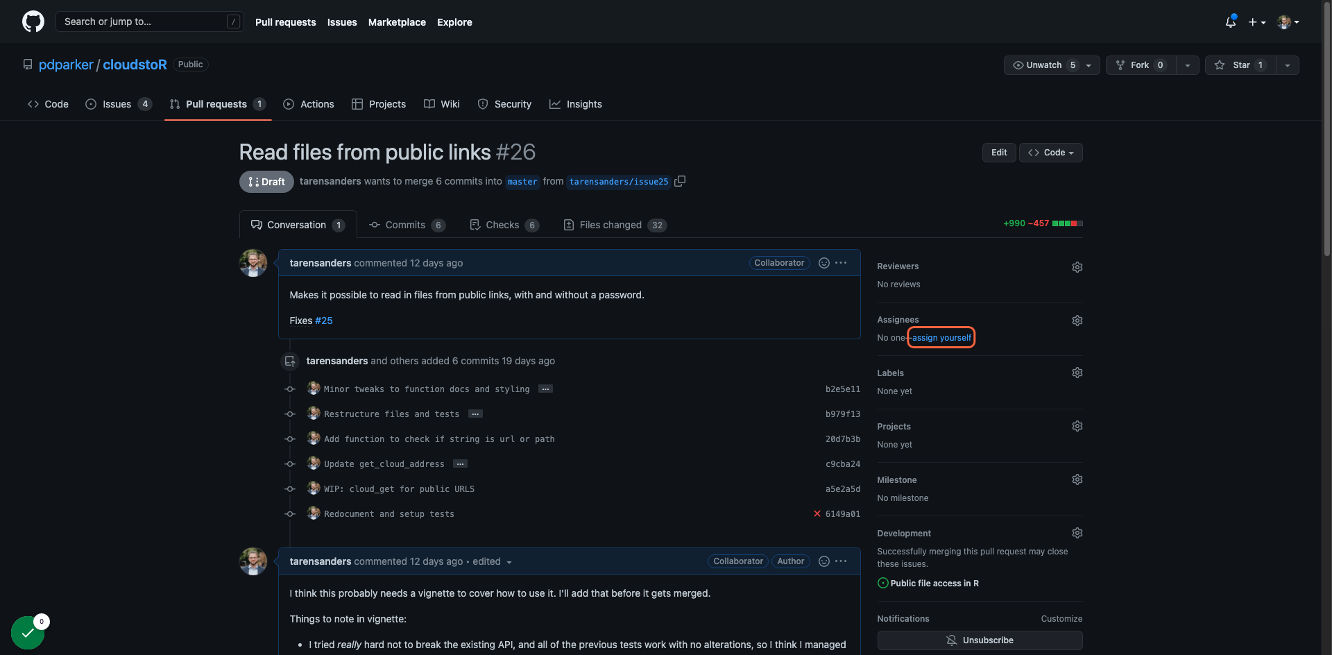 Optionally assign yourself to the pull request