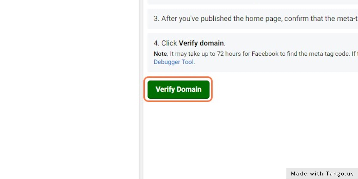 Jika tim Orderdulu sudah mengkonfirmasi bahwa Meta Tag sudah di setup, maka kamu dapat mengklik tombol "Verify Domain" seperti pada gambar di bawah ini