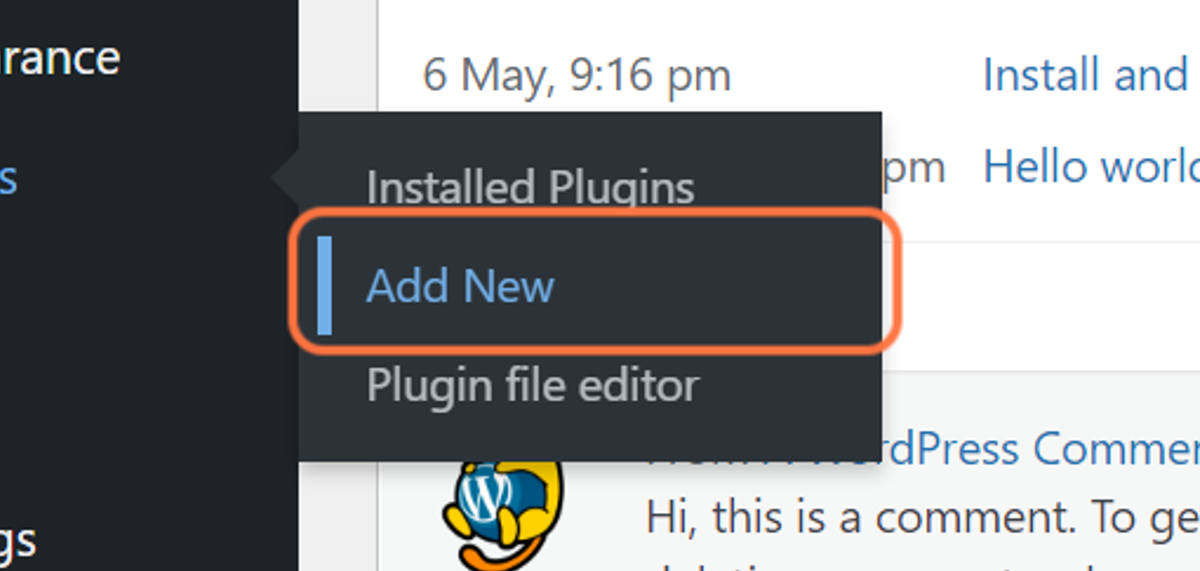 Screenshot of the user hovering over the Plugins option and clicking Add New.