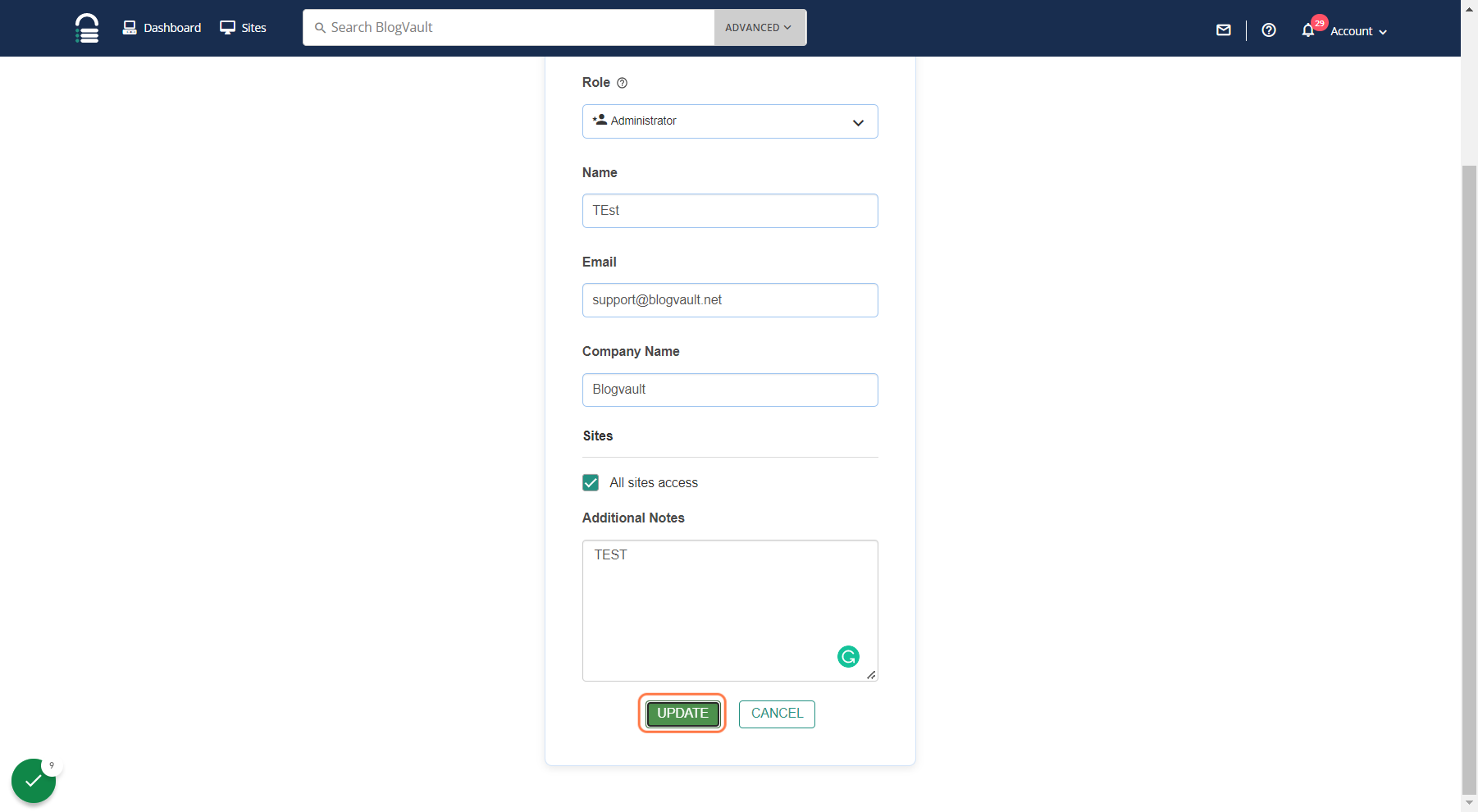 To save any changes made while editing the team member details. Please click on update