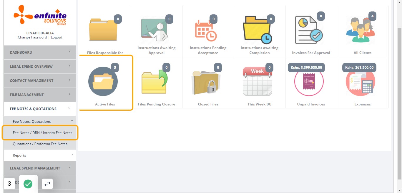 Click on Fee Notes / DRN / Interim Fee Notes option