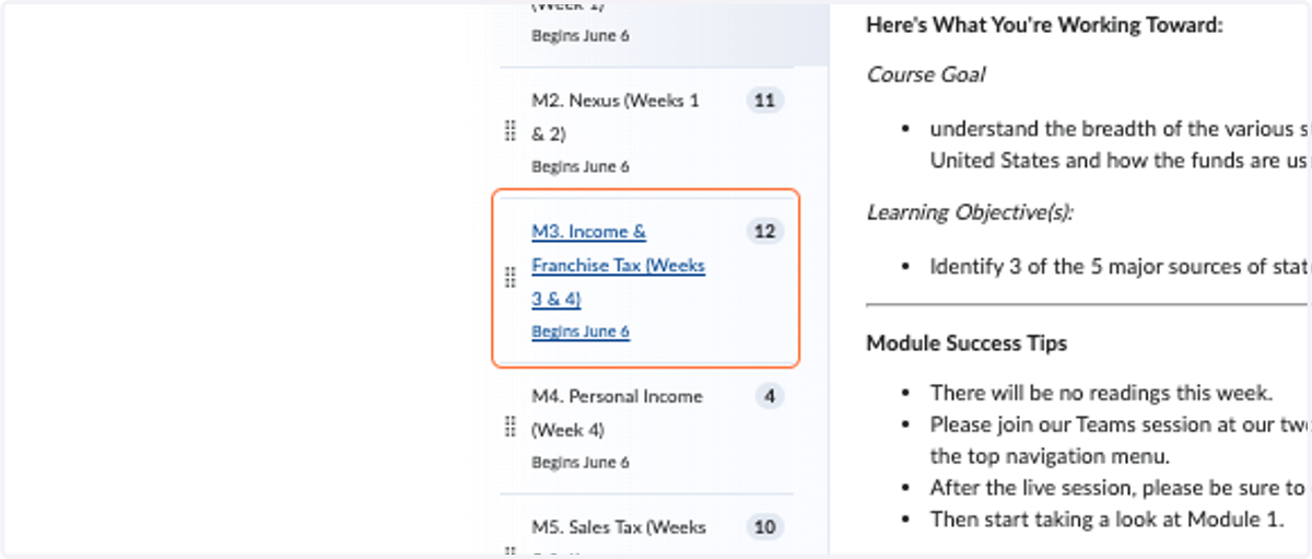 Module Titles: Module titles based on the course infographic and titled as a source of state and local tax