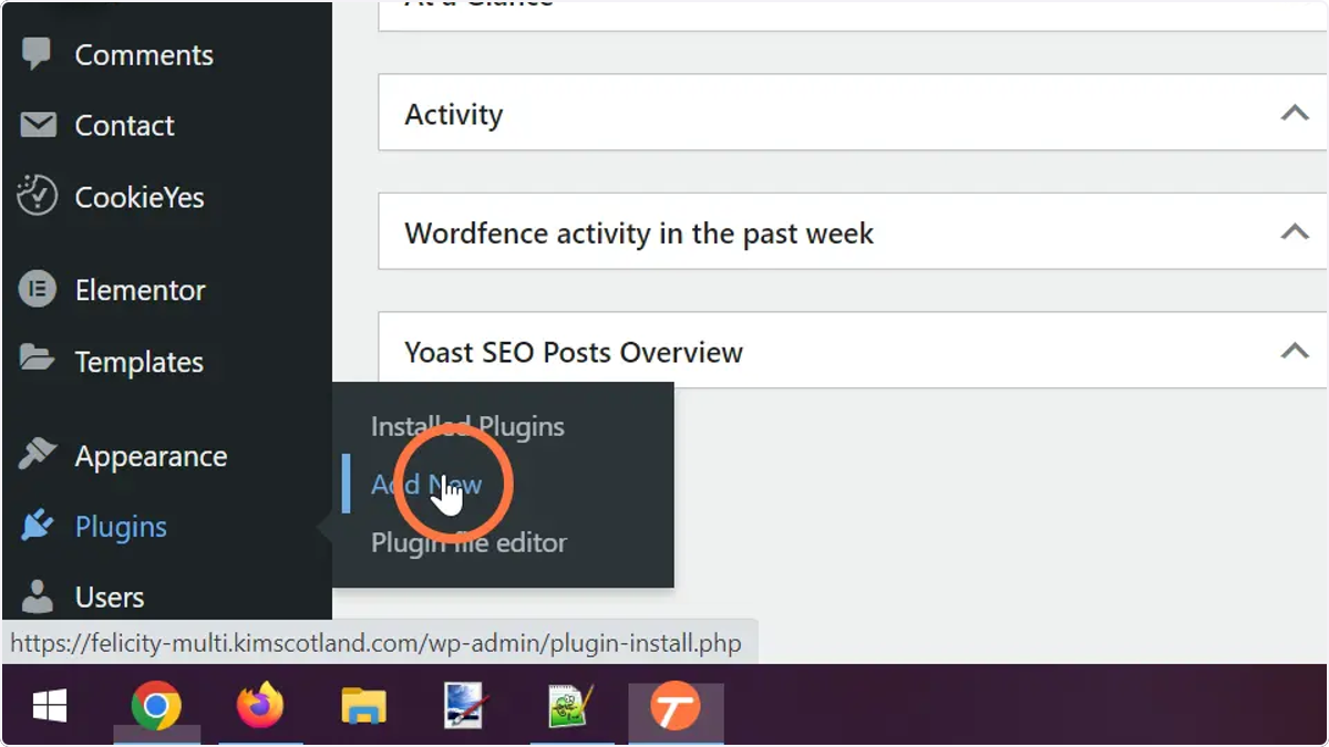 The user hovering over the plugins option and clicking add new.