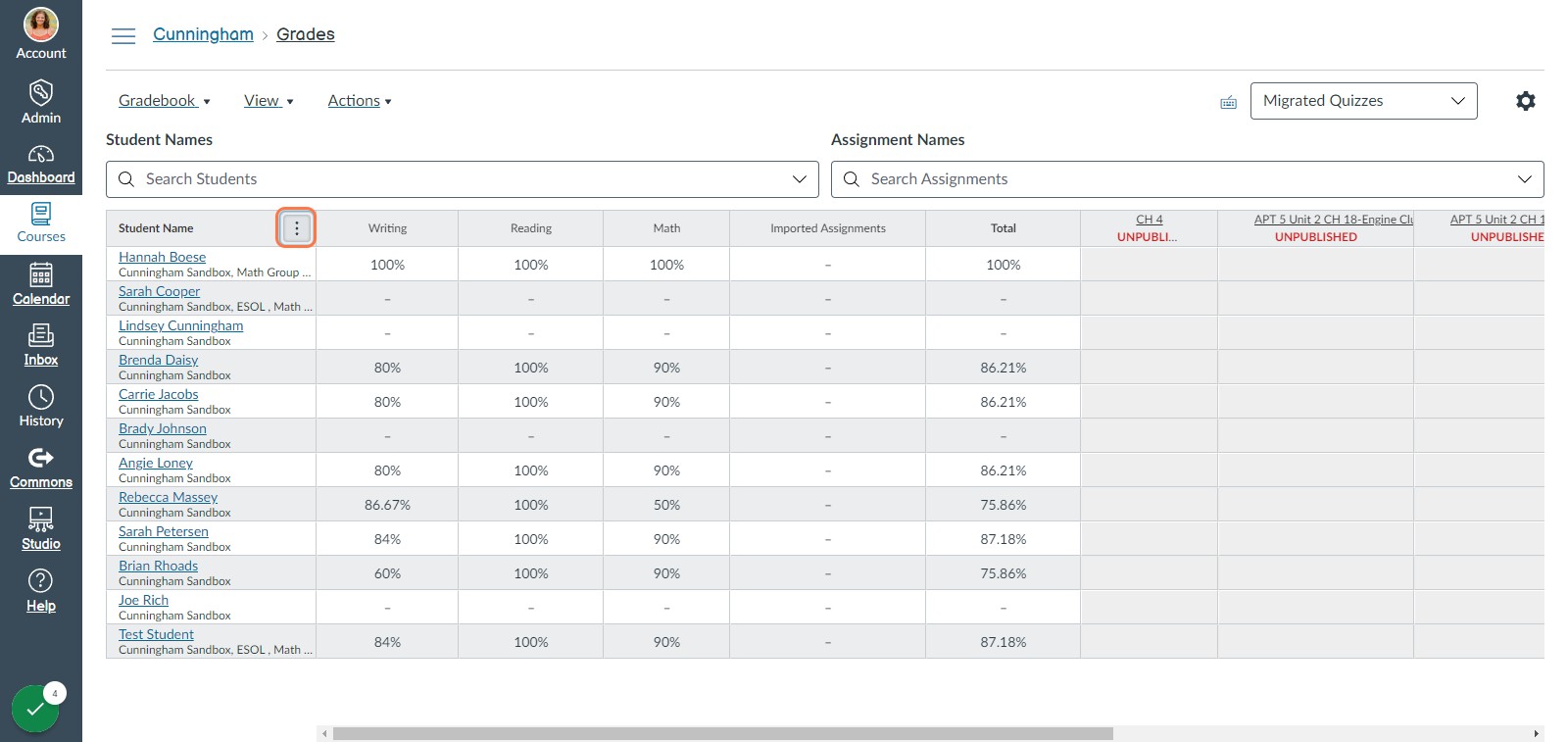 Click on Student Name Options