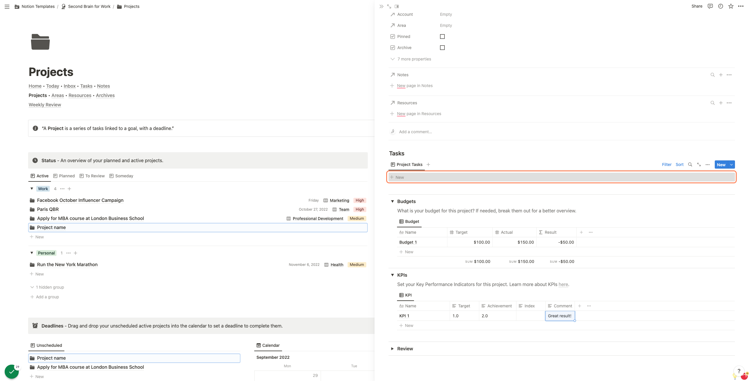 Click on New to add a Project task