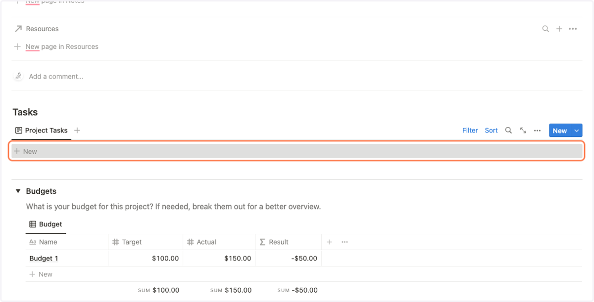 Click on New to add a Project task
