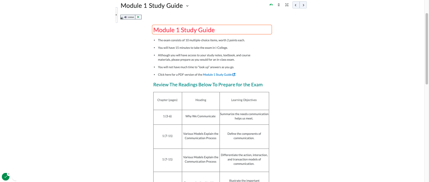 Module Component 4: Study guides with key information students need to understand before moving onto the next module