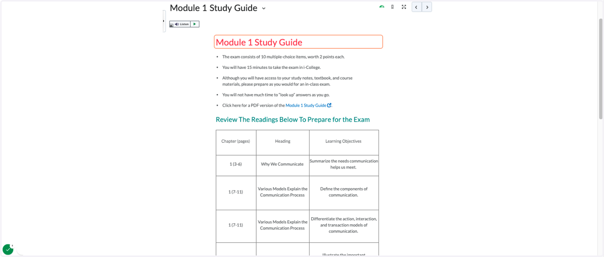 Module Component 4: Study guides with key information students need to understand before moving onto the next module