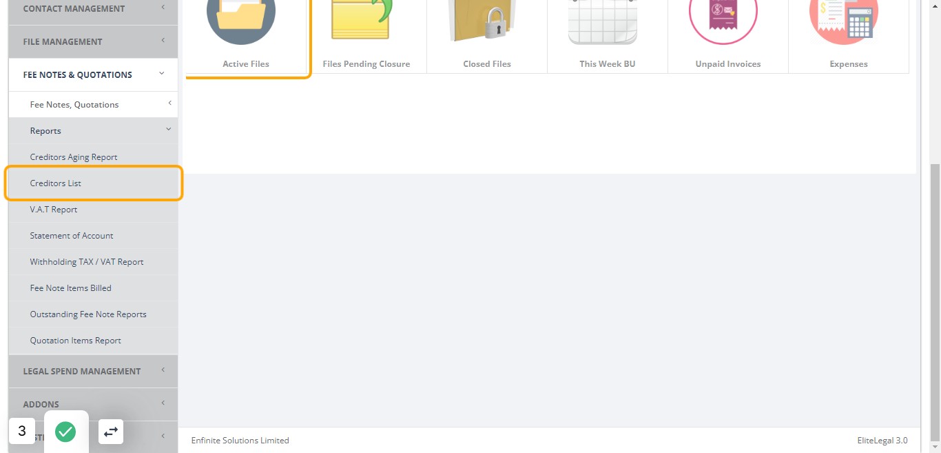 Select the Creditors List option