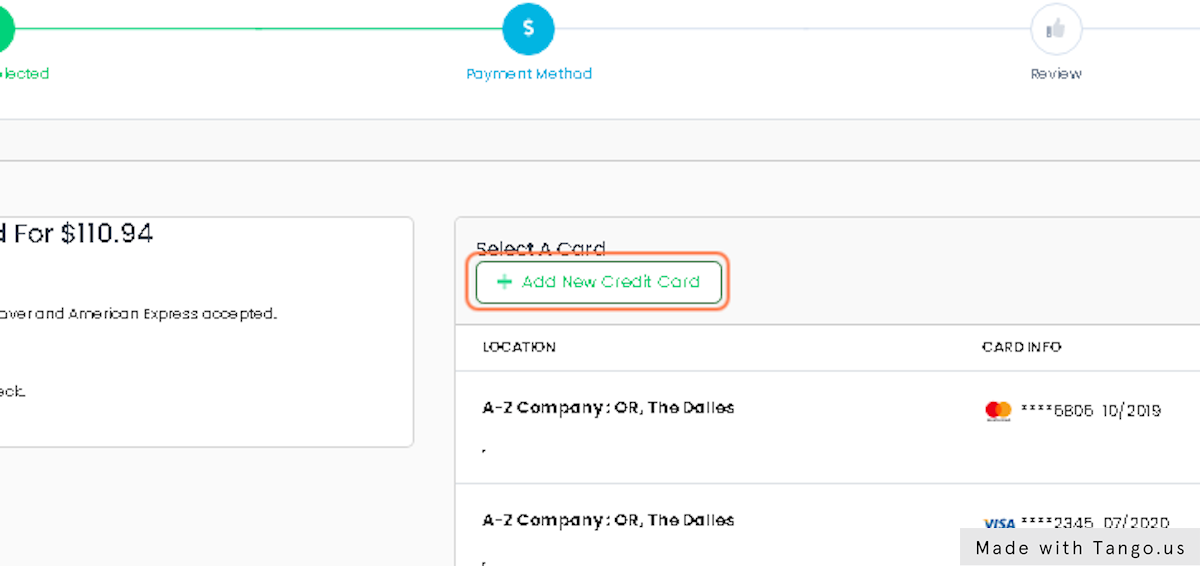 Select A Current Credit Card of Add A New Card