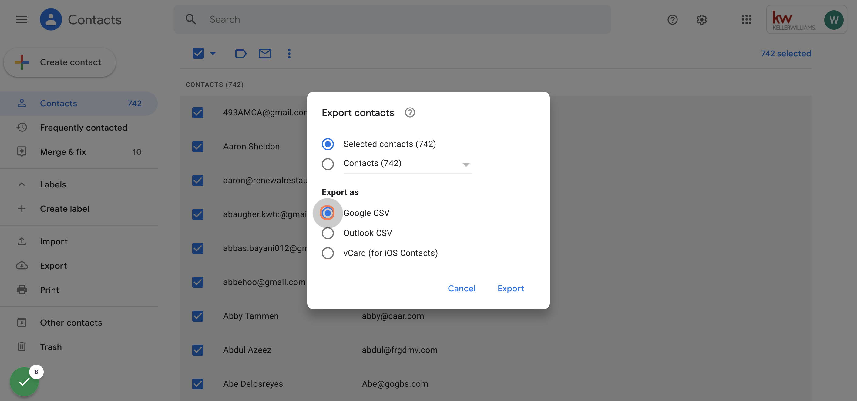 Click on Google CSV