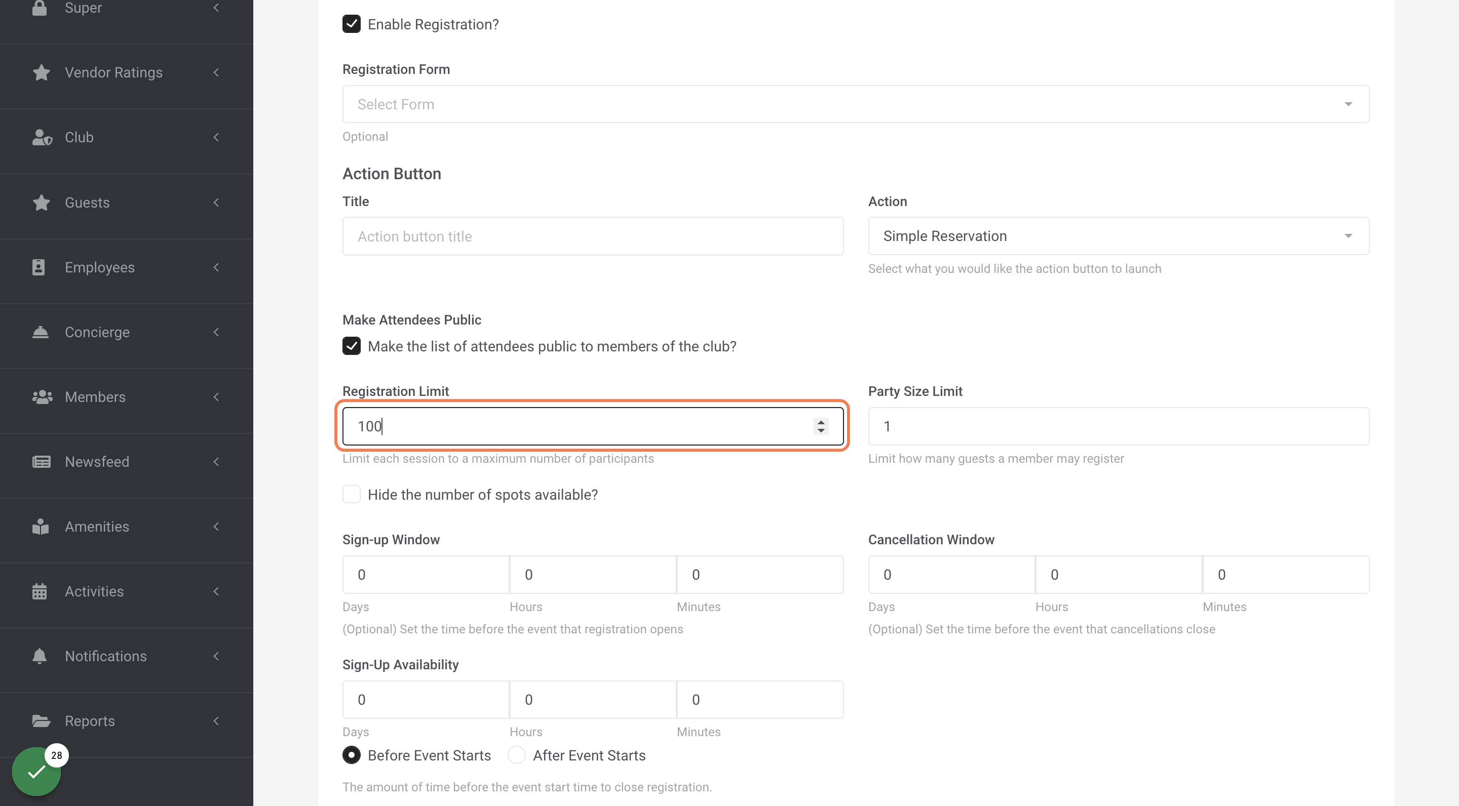 Select registration limit.