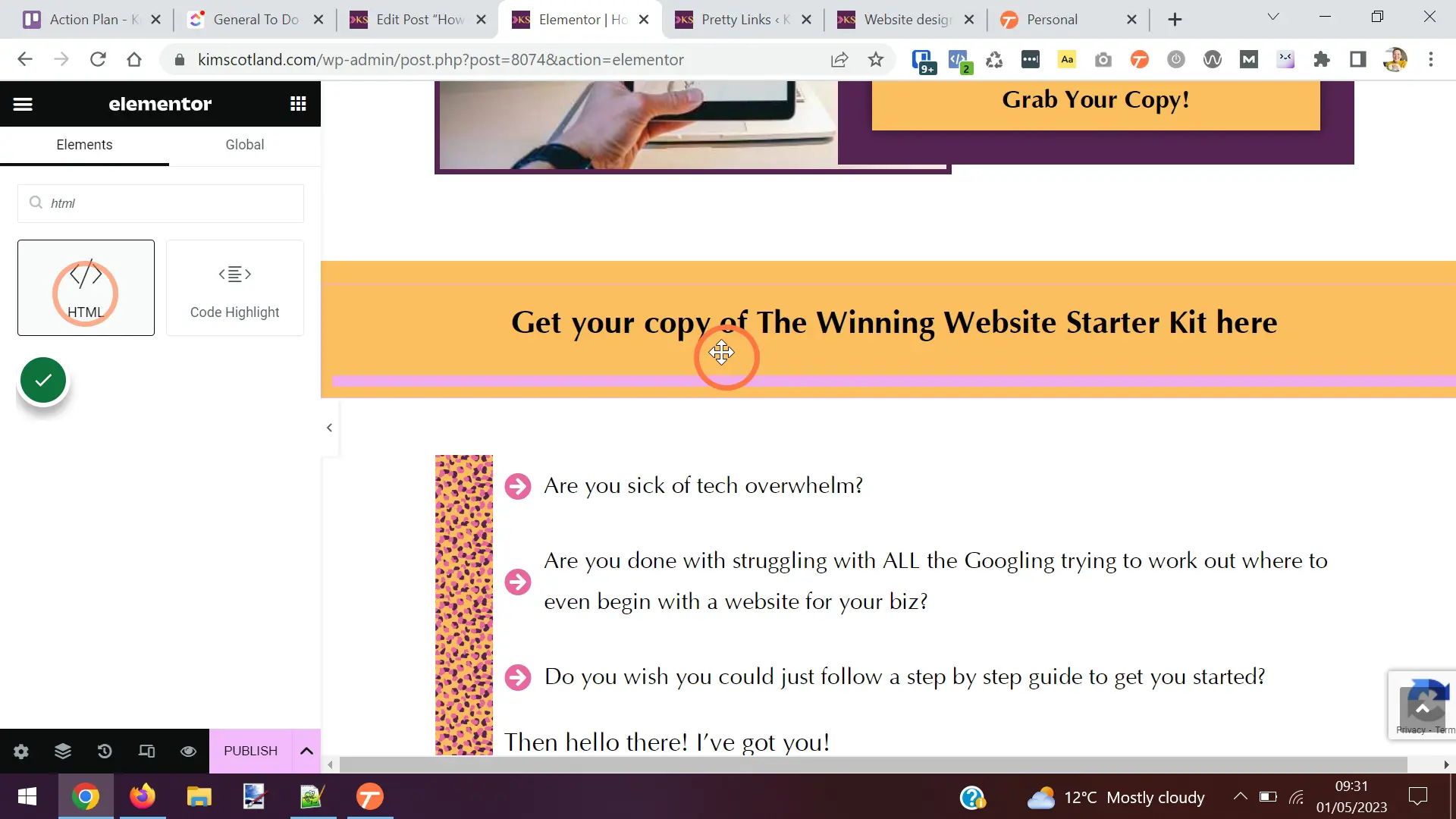 The user dragging the HTML element from the Elementor options panel onto the main part of the screen.