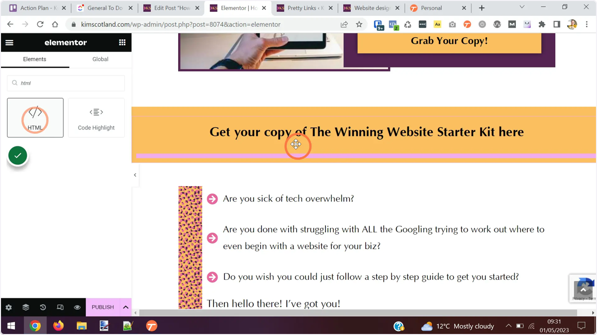 The user dragging the HTML element from the Elementor options panel onto the main part of the screen.