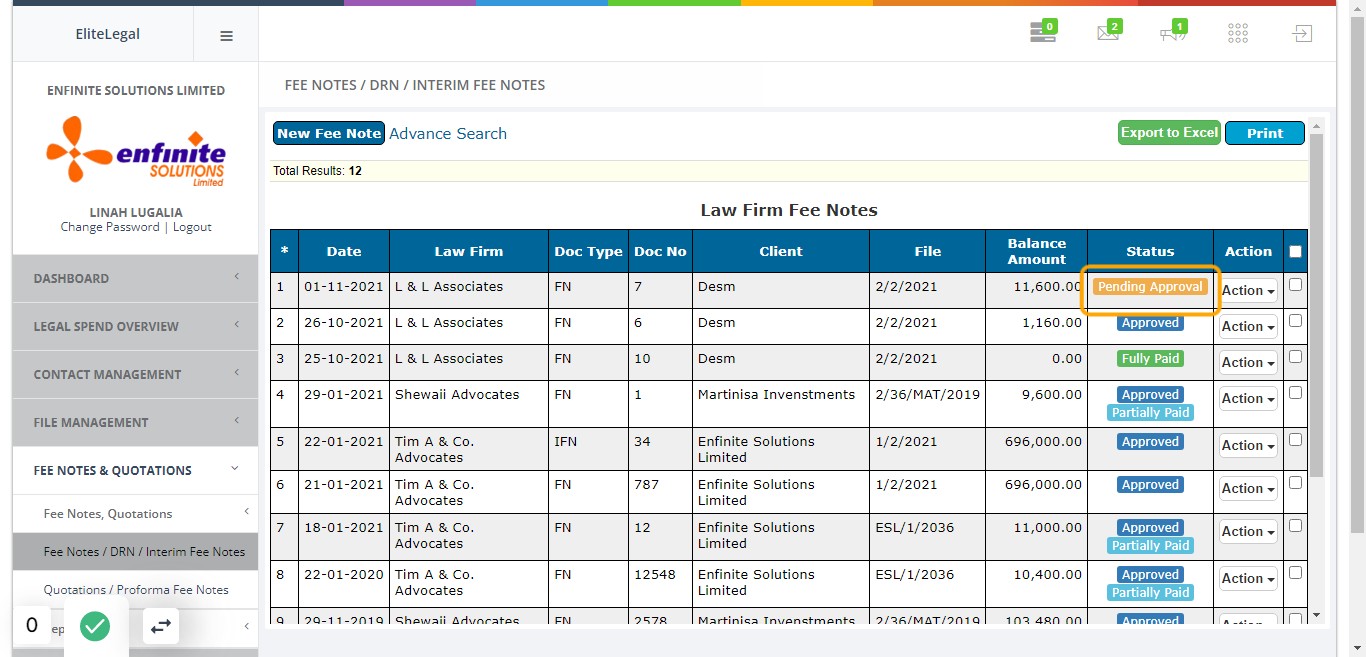 Fee note status will read Pending Approval which awaits approval
