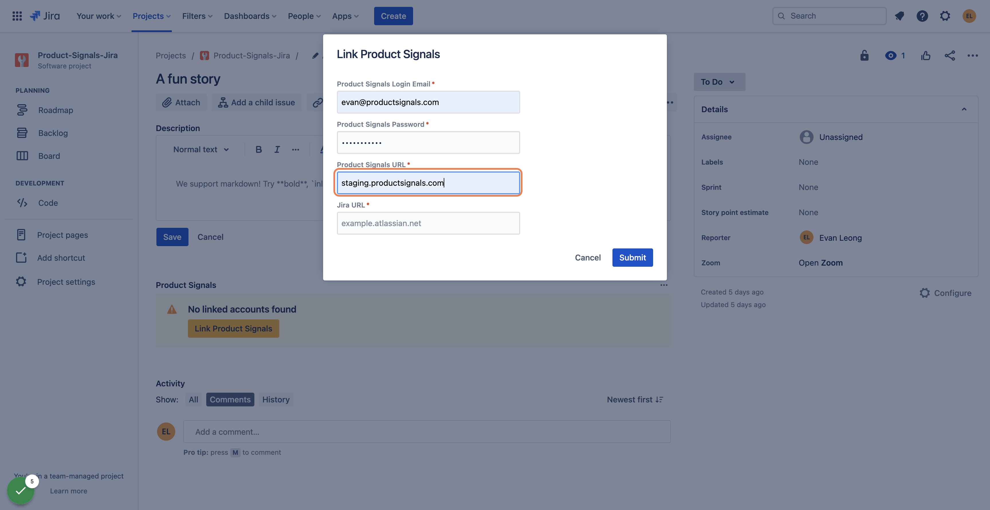 Enter your Product Signals URL (no https, http, or www prefix as shown below)