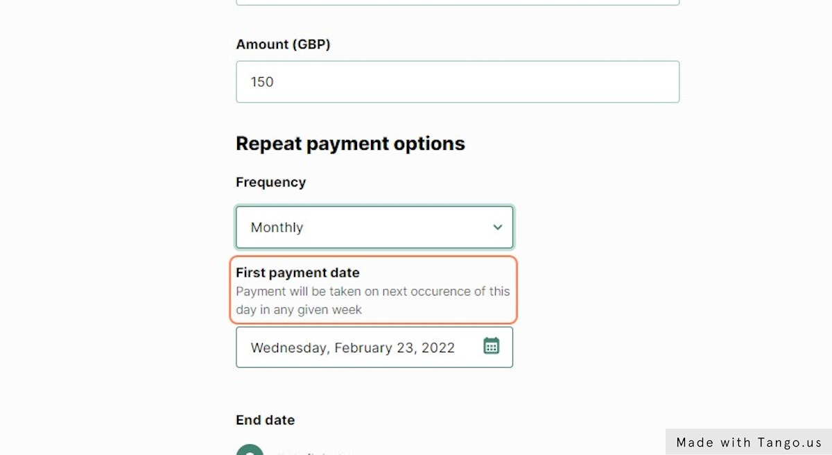 Choose when the payment should repeat.