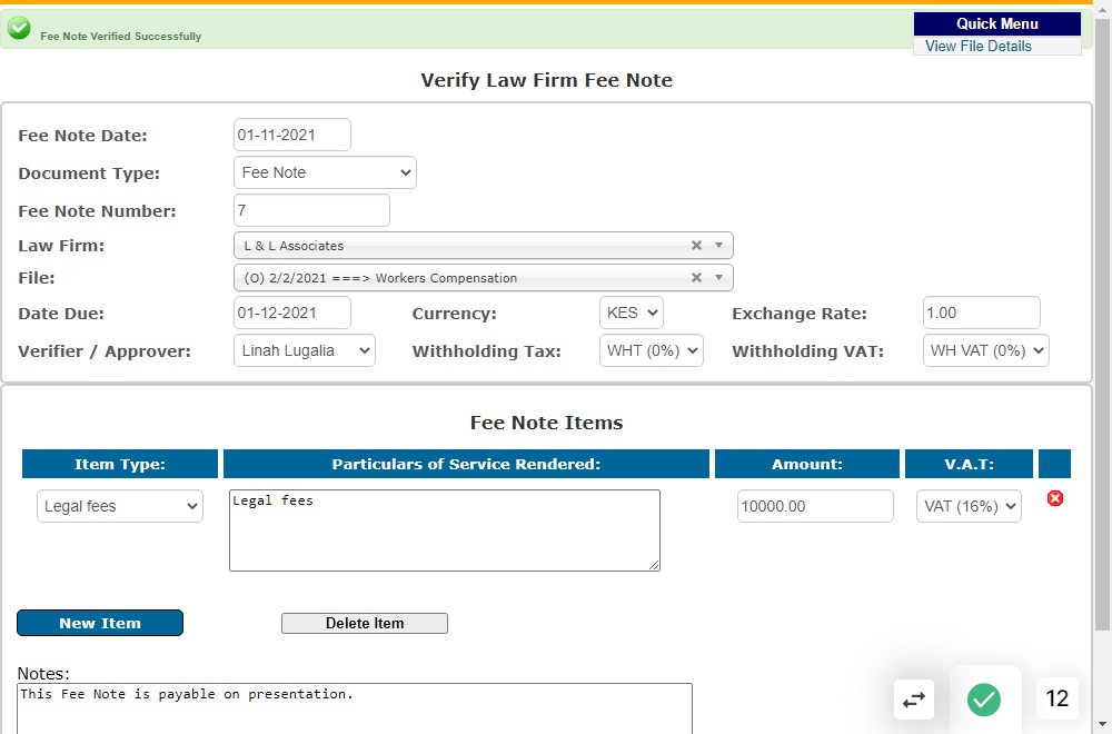 Fee note has been verified successfully