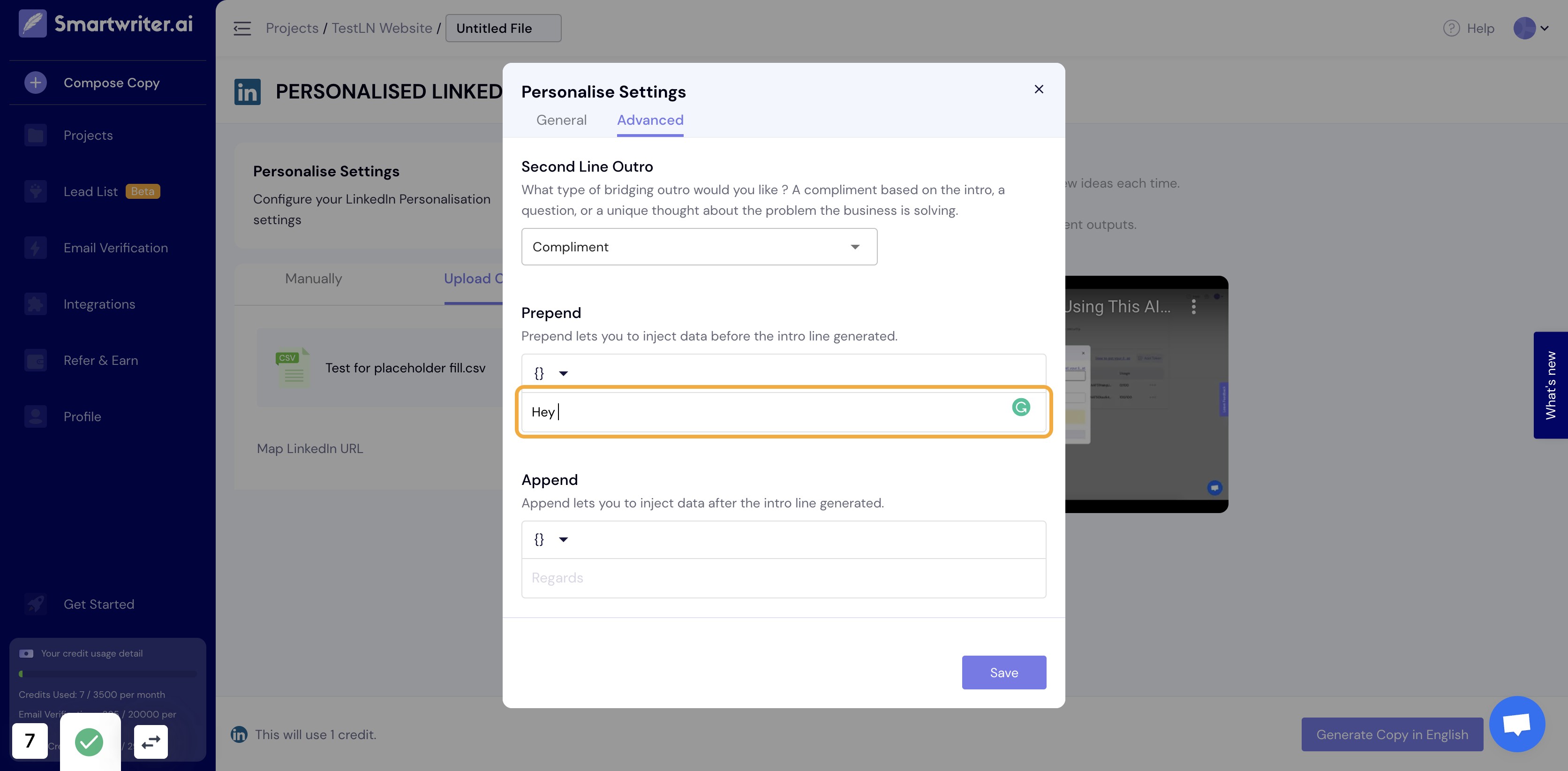 Type in needed "prepend text" - this comes before your first line