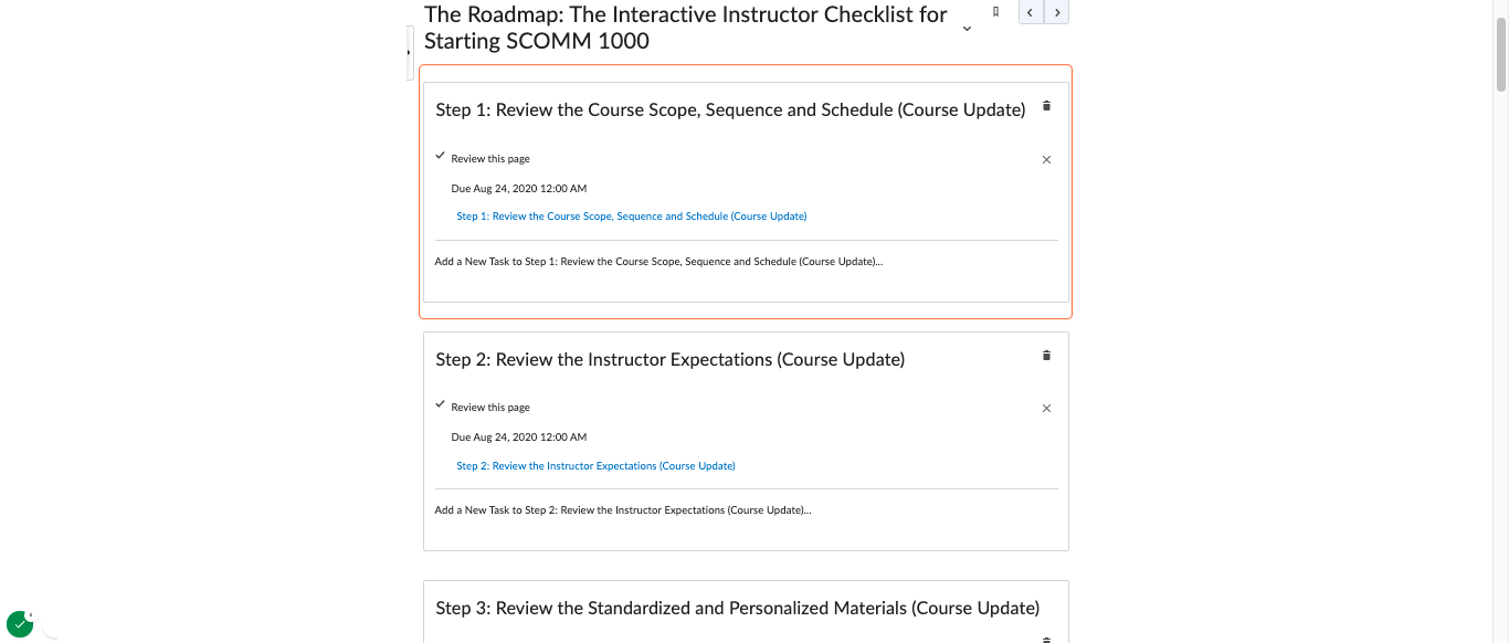 Instructor Support: A culminating checklist with due dates to ensure part-time instructors complete course start-up tasks
