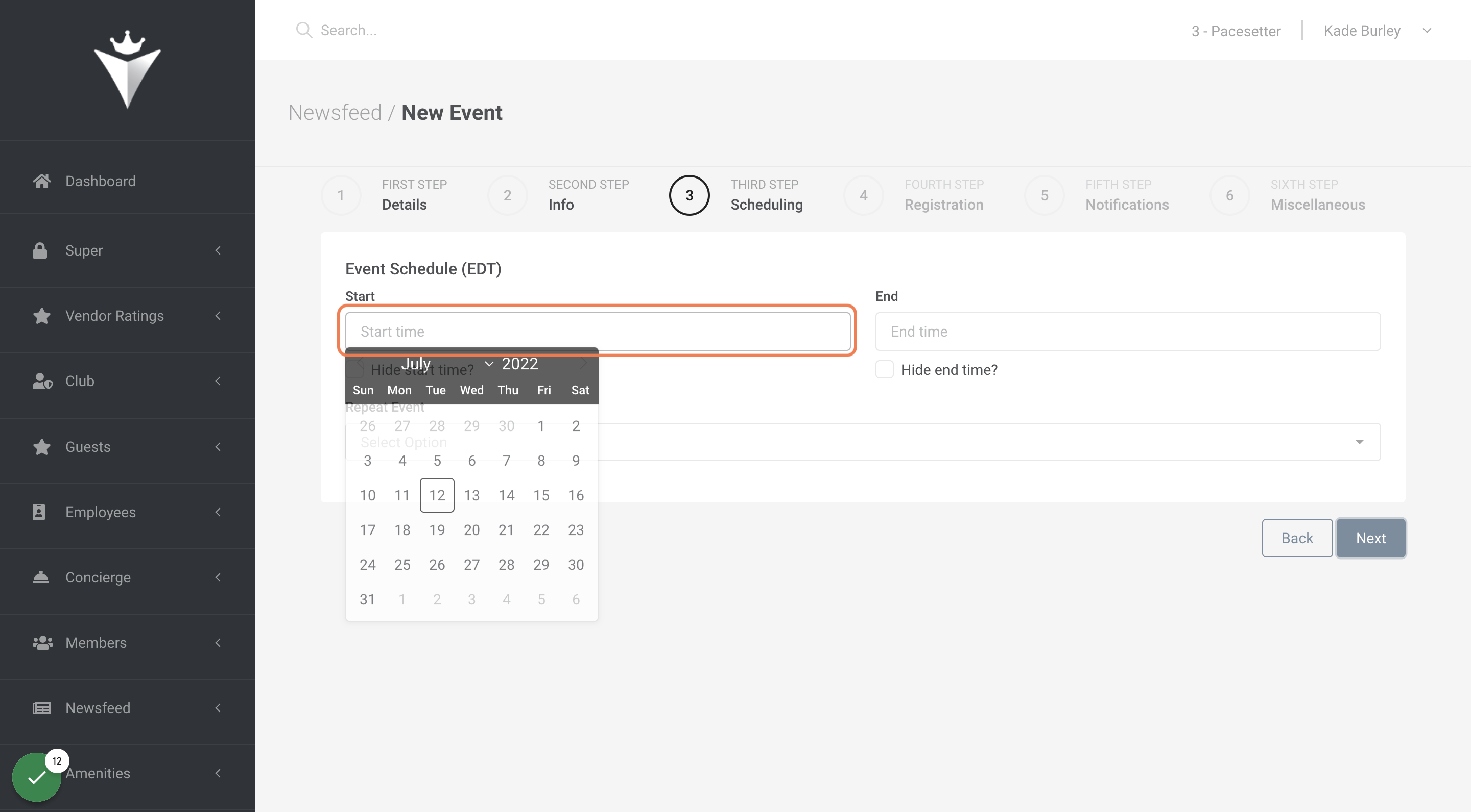 Select event start date.