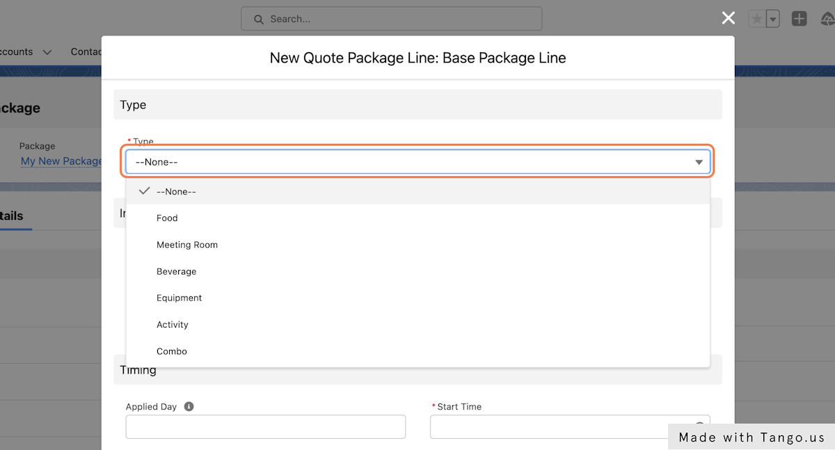 If adding a new package line, first select the type