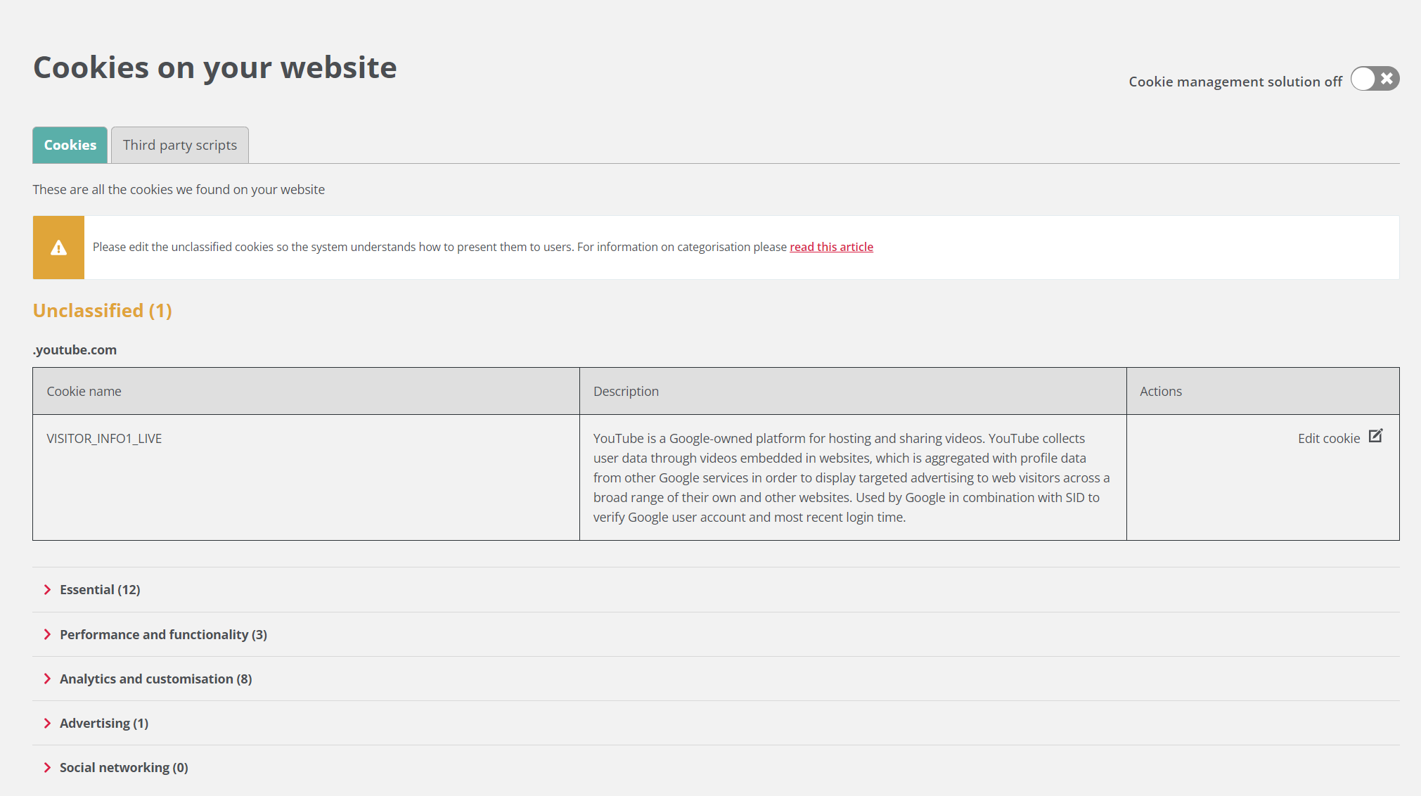 You'll see a list of your cookies listed under their classification