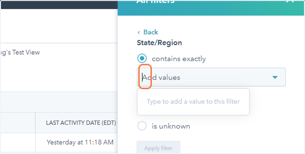 Click on add values or set the parameters for that filter