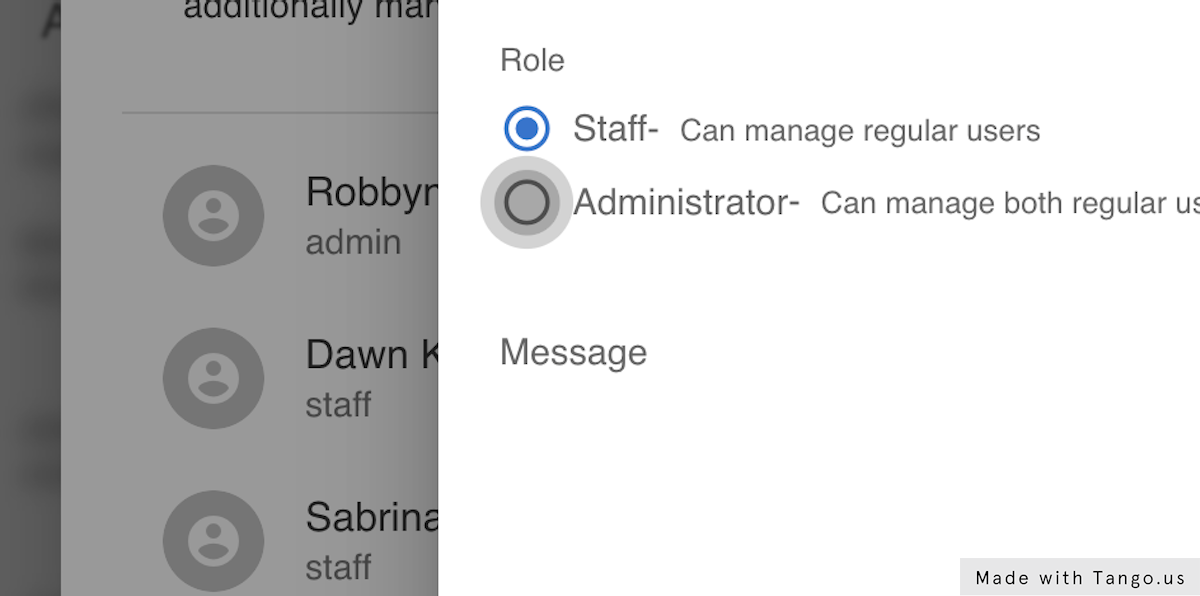 Select whether they are to be a "Staff" account, or "Administrator" (Admin can manage other staff accounts and billing)