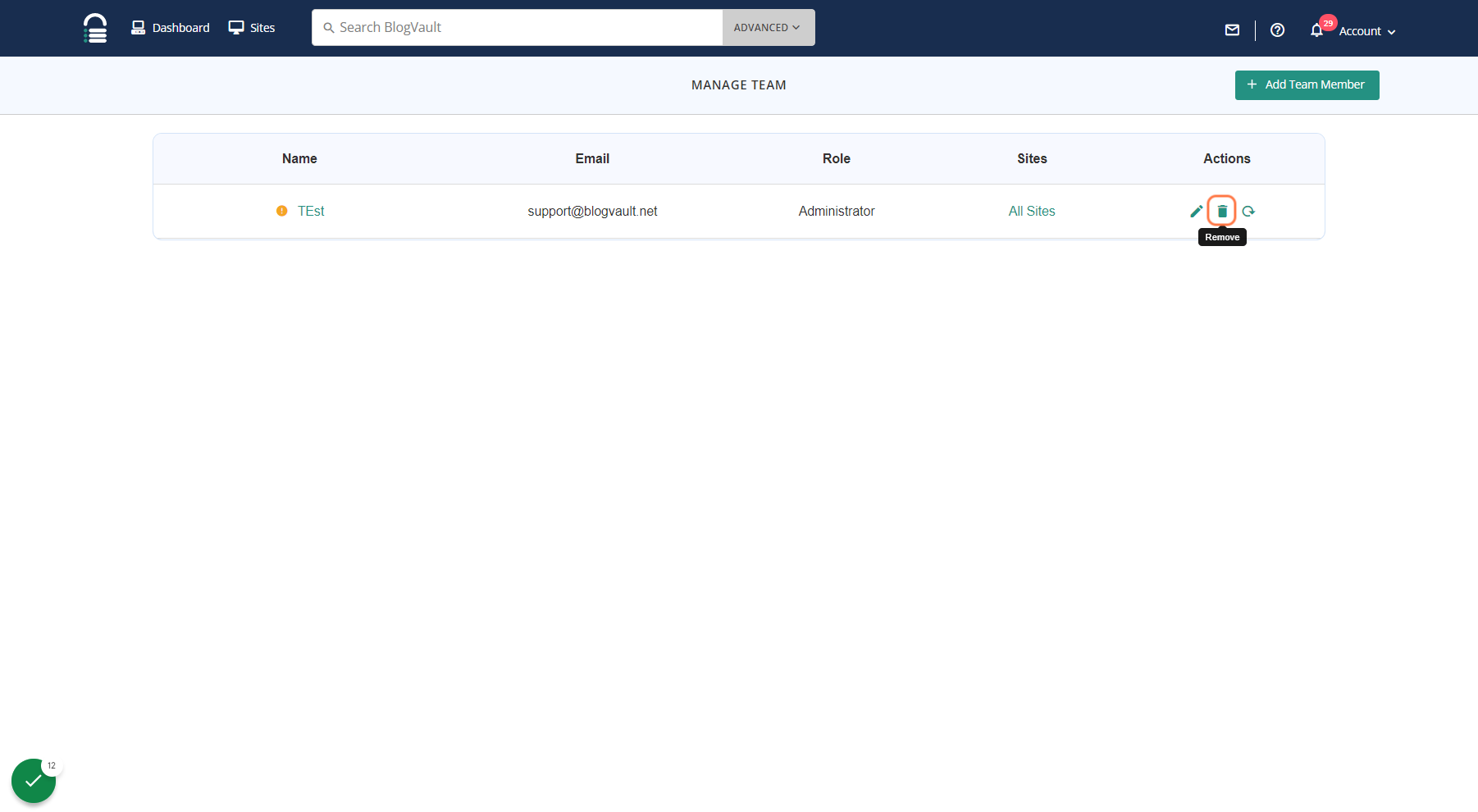 To delete a team member click on remove button