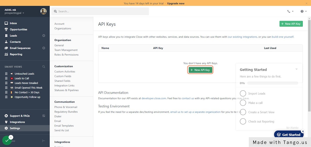 Now create a new API key from Close