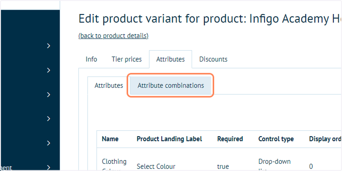 Click on Attribute combinations