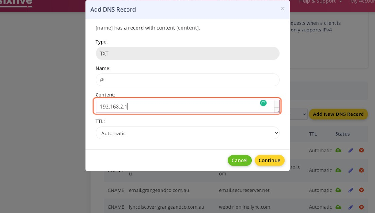 Type the IP Address for the TXT record