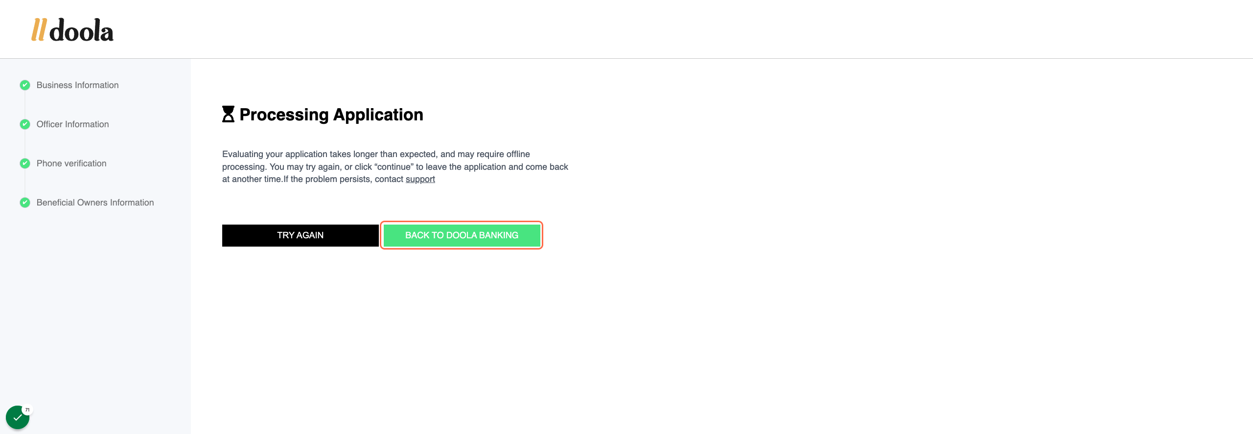 Click on Back to Doola Banking to return to doola