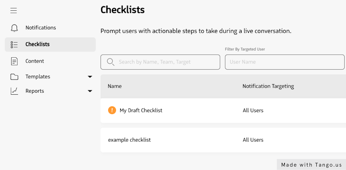 Once saved, your unfinished Checklist will be displayed in the Checklist table with an icon indicating it is a draft. You can return to edit this draft at any time.
