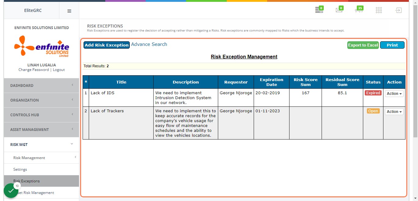 Risk exception will be saved as shown below